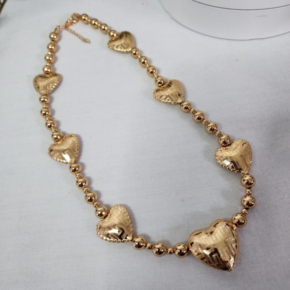 Chunky Gold Puffy Hearts with Greek Key Design and Bead Necklace - Picture 4 of 10